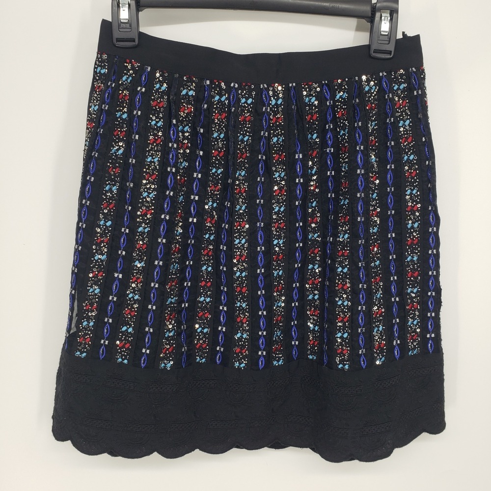 Club Monaco Sequin Beaded Mini Skirt Women 4 Black Scalloped Hem Embellished